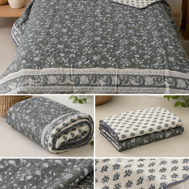 Dark Grey Floral Reversible – Single Bed Muslin Cotton Dohar Pair (152 x 229 cm / 60 x 90 inches) | 100% Muslin Cotton | Reversible Hand Block Print | All season | Perfect for AC