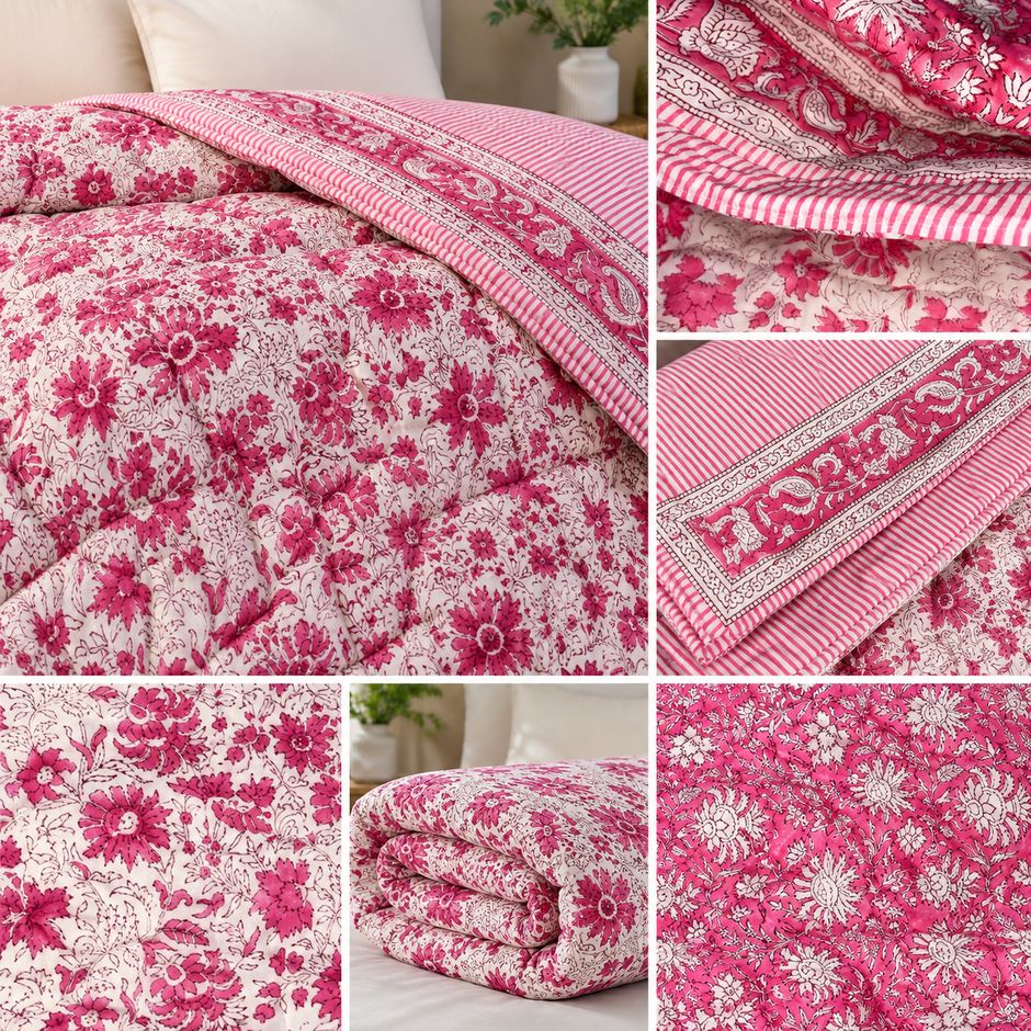 Roselle Bloom – King Size Reversible Muslin Cotton Razai Blanket | Organic Cotton Filling | Hand Stitched