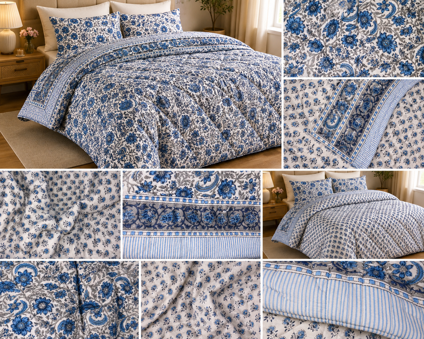 Azure Blue Blossom – King Size Reversible Muslin Cotton Razai | Organic Cotton Filling | Hand Stitched