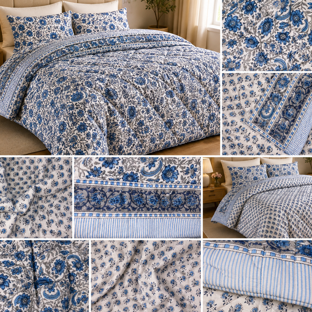 Azure Blue Blossom – King Size Reversible Muslin Cotton Razai | Organic Cotton Filling | Hand Stitched