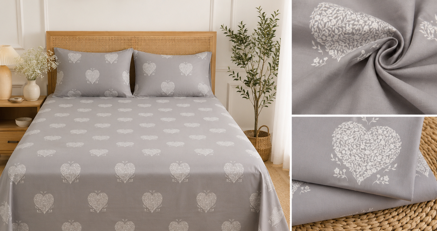 Grey Heart Bloom Pure Cotton Bedsheet Set – King Size (260 × 270 cm) | 3-Piece Bedding Set