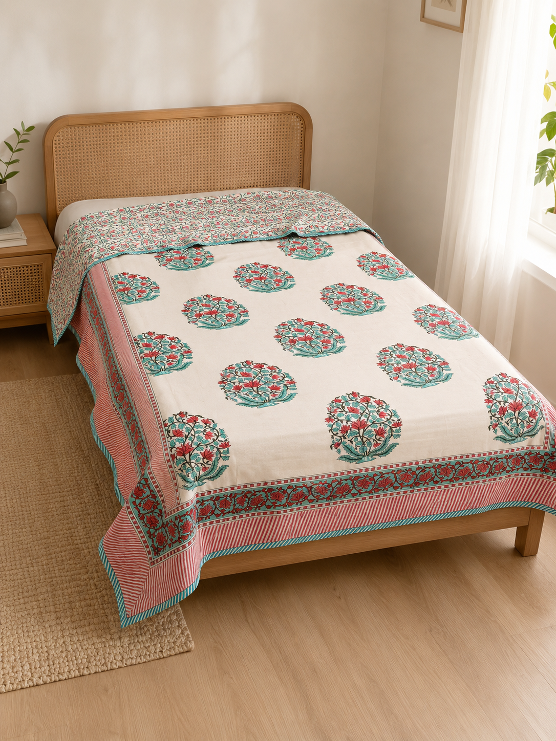Coral Blossom Reversible Muslin Cotton Dohar Pair – Single Bed (152 x 229 cm / 60 x 90 inches) | 100% Muslin Cotton | Reversible Hand Block Print | Pair of 2 Single Dohars