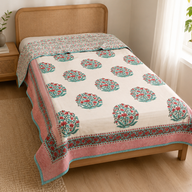 Coral Blossom Reversible Muslin Cotton Dohar Pair – Single Bed (152 x 229 cm / 60 x 90 inches) | 100% Muslin Cotton | Reversible Hand Block Print | Pair of 2 Single Dohars