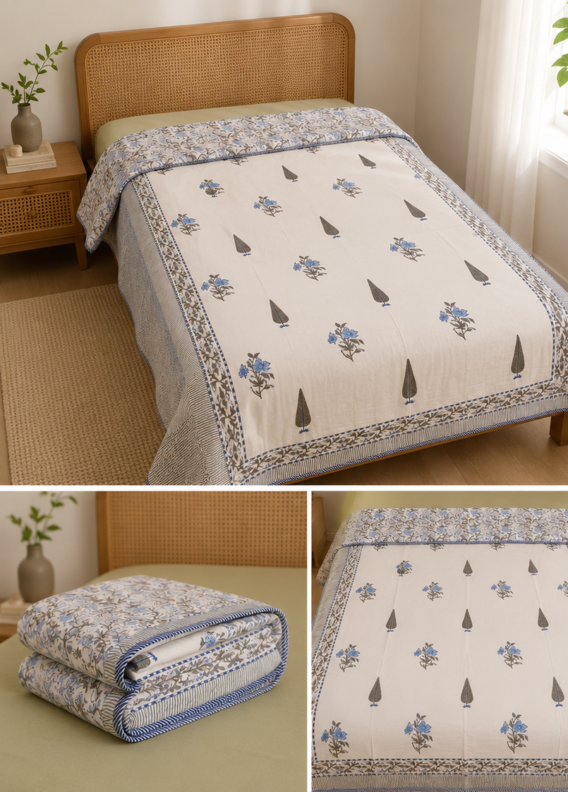 Blue Meadow Reversible Muslin Cotton Dohar Pair – Single (152 x 229 cm / 60 x 90 inches) | 100% Muslin Cotton | Reversible Hand Block Print |Pair of 2 Single Dohars
