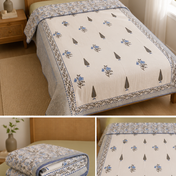 Blue Meadow Reversible Muslin Cotton Dohar Pair – Single (152 x 229 cm / 60 x 90 inches) | 100% Muslin Cotton | Reversible Hand Block Print |Pair of 2 Single Dohars