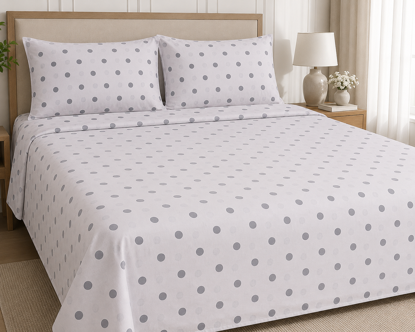 Grey Polka Dot Pure Cotton Flat Bedsheet – Queen Size (240 x 270 cm) | 100% Cotton | 1 Piece