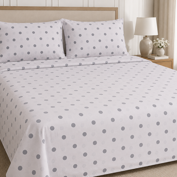 Grey Polka Dot Pure Cotton Flat Bedsheet – Queen Size (240 x 270 cm) | 100% Cotton | 1 Piece