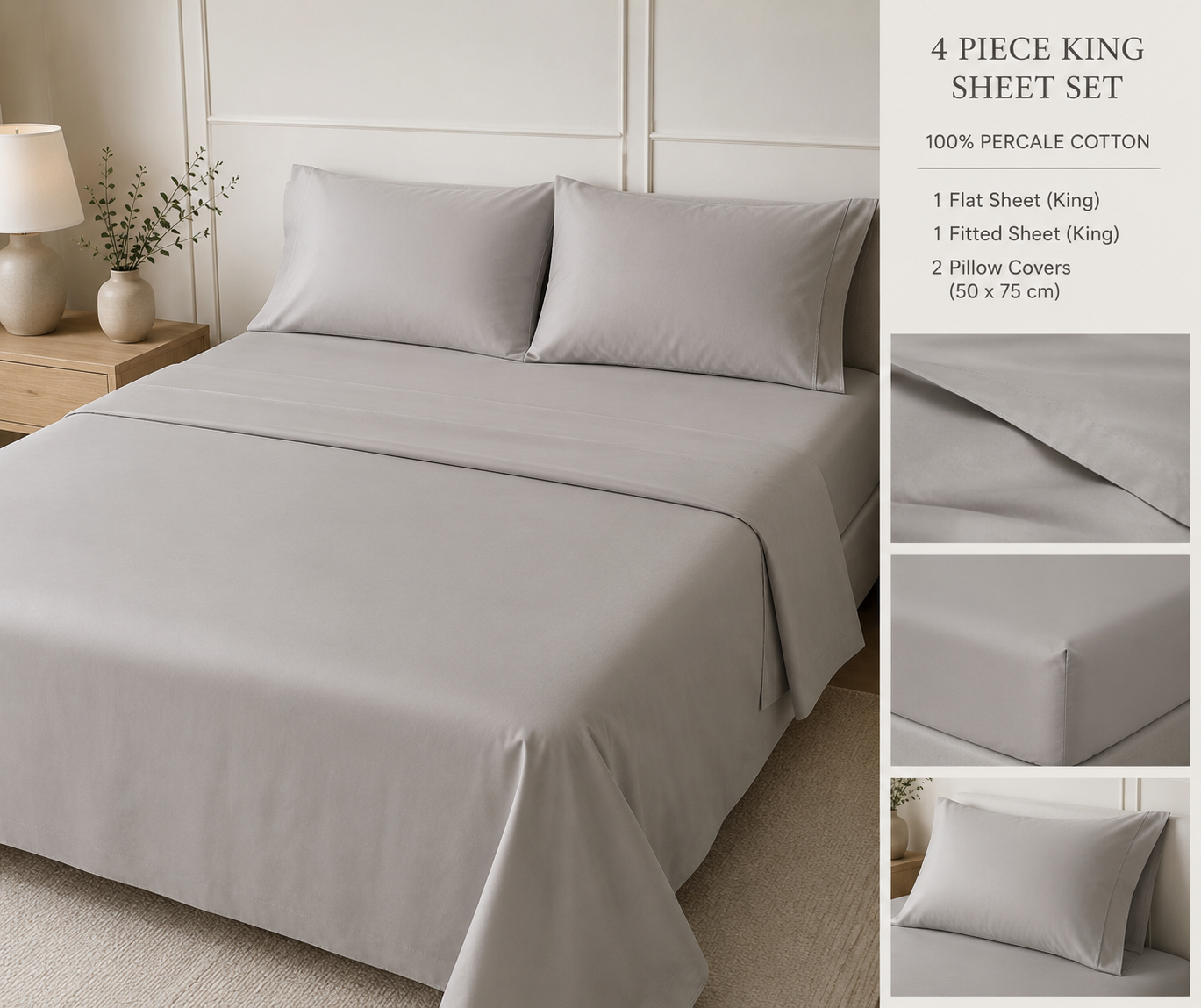 Silver Mist Two Tone Premium Percale Cotton King Bedding Set – 1 Flat Sheet, 1 Fitted Sheet & 2 Pillow Covers | 4-Piece Set