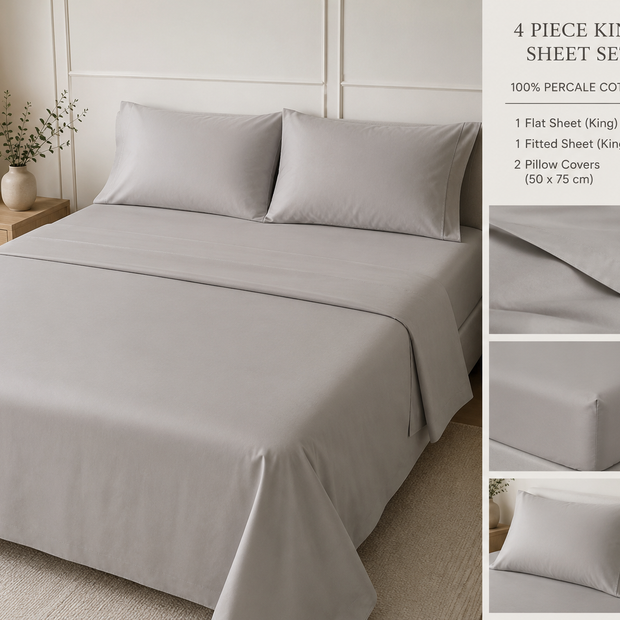 Silver Mist Two Tone Premium Percale Cotton King Bedding Set – 1 Flat Sheet, 1 Fitted Sheet & 2 Pillow Covers | 4-Piece Set