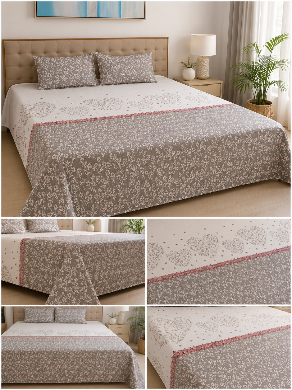 Whispering Wildflower Pure Cotton Flat Bedsheet – Queen Size (240 × 270 cm) | Elegant Botanical Floral | 2 Pillow Covers