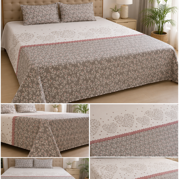 Whispering Wildflower Pure Cotton Flat Bedsheet – Queen Size (240 × 270 cm) | Elegant Botanical Floral | 2 Pillow Covers