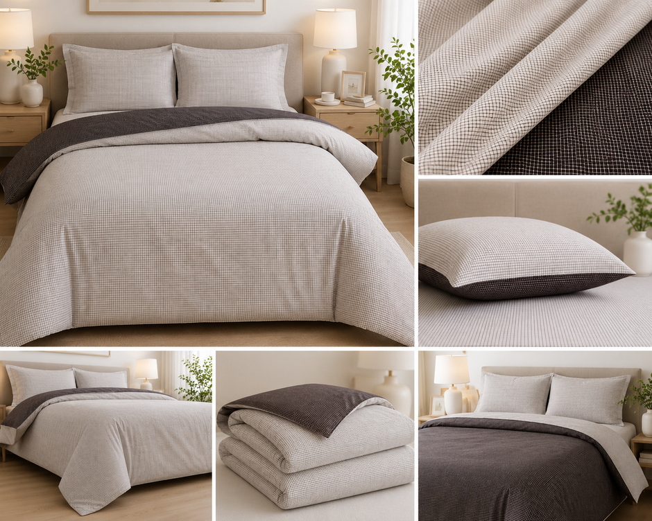 DualTone Micro Check Reversible Duvet Cover Set – King Size (230 × 220 cm) | 3-Piece Cotton Bedding Set