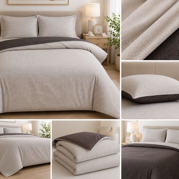 DualTone Micro Check Reversible Duvet Cover Set – King Size (230 × 220 cm) | 3-Piece Cotton Bedding Set