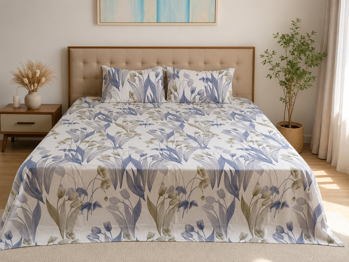 Mistwood Botanica Luxury Pure Cotton Bedsheet Set – Queen Size (240 × 270 cm) | 3-Piece Bedding Set