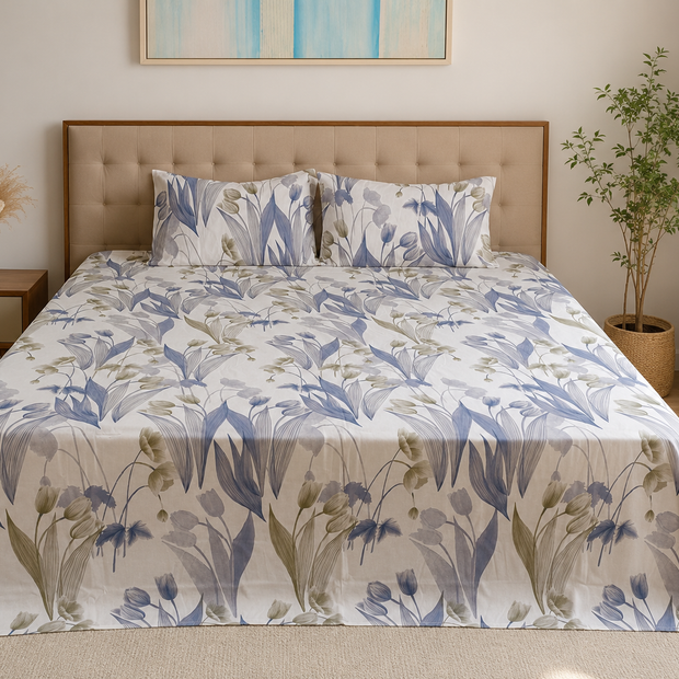 Mistwood Botanica Luxury Pure Cotton Bedsheet Set – Queen Size (240 × 270 cm) | 3-Piece Bedding Set