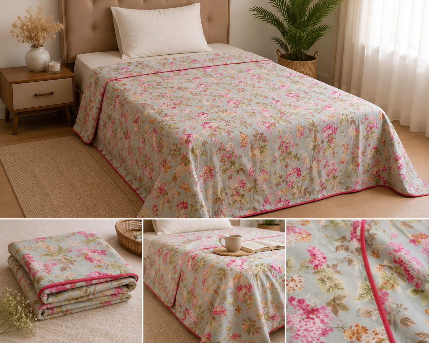 Blush Garden Bloom Muslin Cotton Dohar – King Size (220 × 240 cm) | 100% Muslin Cotton | 1 Piece