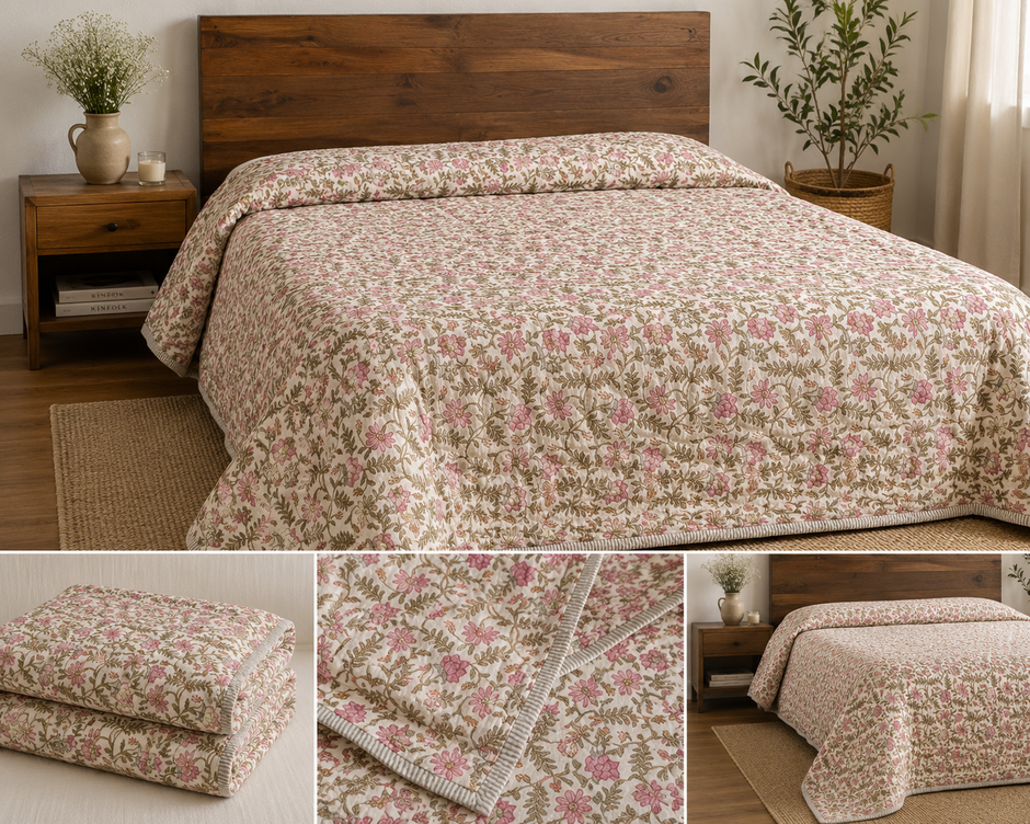 Rosé Meadow Hand-Tagai Muslin Cotton Razai – King Size (230 × 220 cm)
