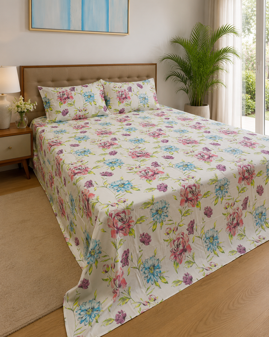 Blush Azure Bloom – Super King Size Bedsheet (270 x 270 cm) | 100% Tencel Cotton | 400 Thread Count | Includes 2 Pillow Covers