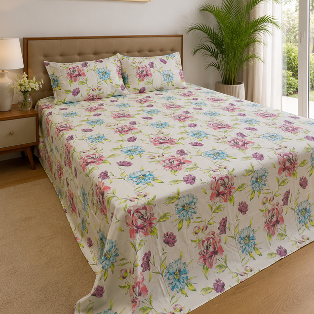 Blush Azure Bloom – Super King Size Bedsheet (270 x 270 cm) | 100% Tencel Cotton | 400 Thread Count | Includes 2 Pillow Covers