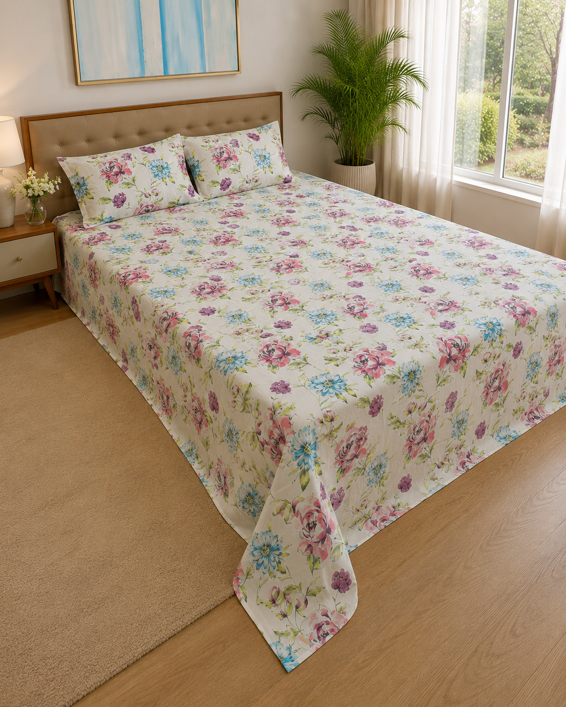 Blush Azure Bloom – Super King Size Bedsheet (270 x 270 cm) | 100% Tencel Cotton | 400 Thread Count | Includes 2 Pillow Covers