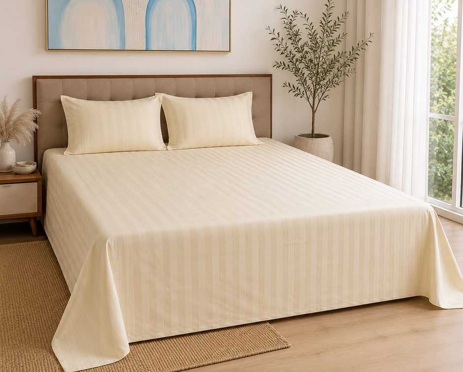 Buttercream Stripe Luxe – Super King Size Bedsheet (270 x 270 cm) | 400 TC Tencel Cotton | Includes 2 Pillow Covers