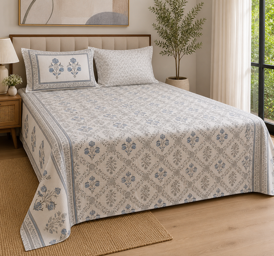 Blue Heritage Bloom – Super King Size Bedsheet (270 x 270 cm) | 100% Tencel Cotton | 400 Thread Count | Includes 2 Pillow Covers