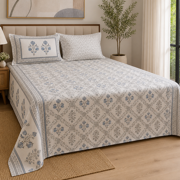 Blue Heritage Bloom – Super King Size Bedsheet (270 x 270 cm) | 100% Tencel Cotton | 400 Thread Count | Includes 2 Pillow Covers