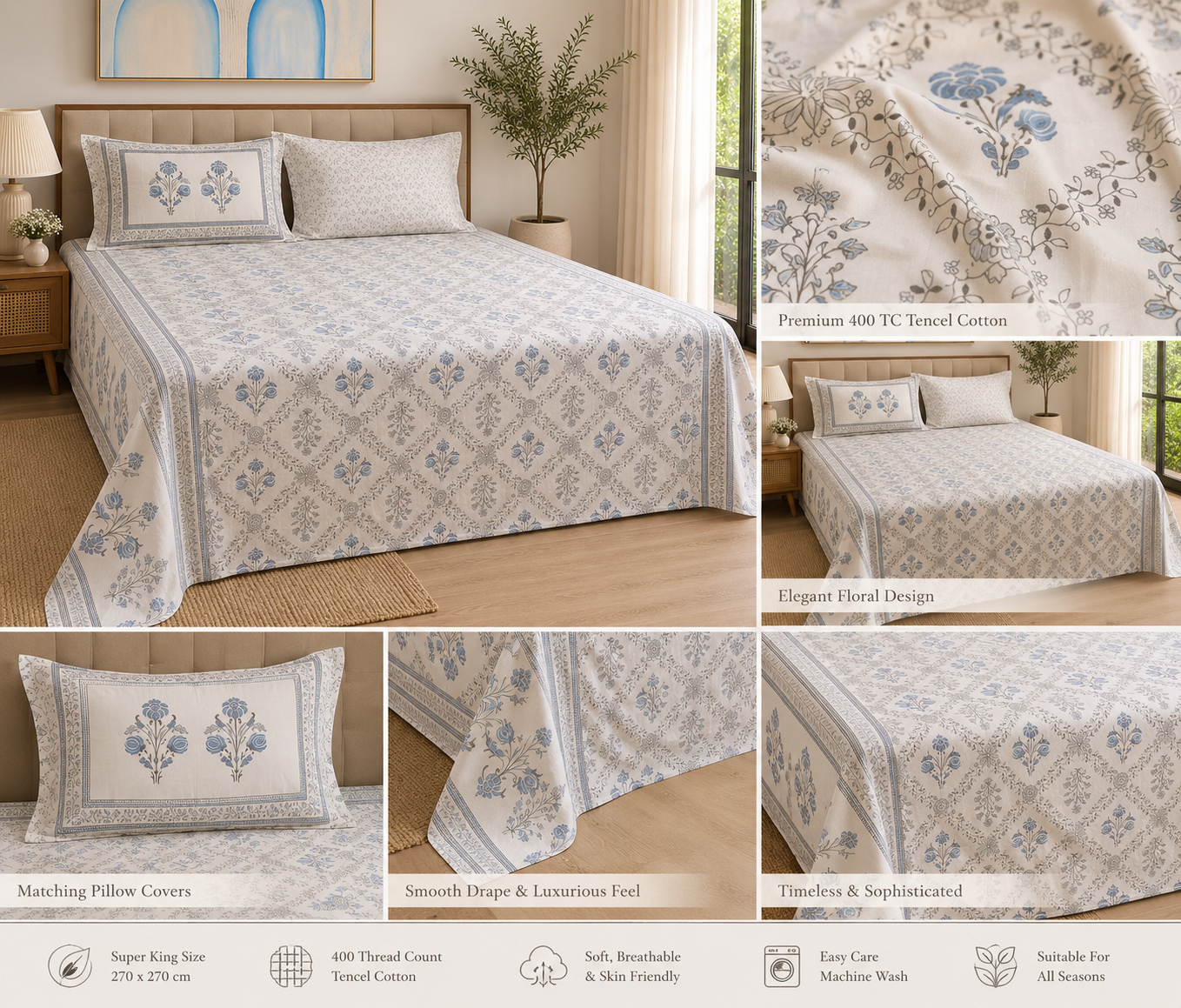 Blue Heritage Bloom – Super King Size Bedsheet (270 x 270 cm) | 100% Tencel Cotton | 400 Thread Count | Includes 2 Pillow Covers