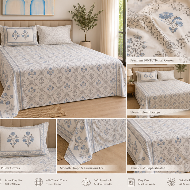 Blue Heritage Bloom – Super King Size Bedsheet (270 x 270 cm) | 100% Tencel Cotton | 400 Thread Count | Includes 2 Pillow Covers