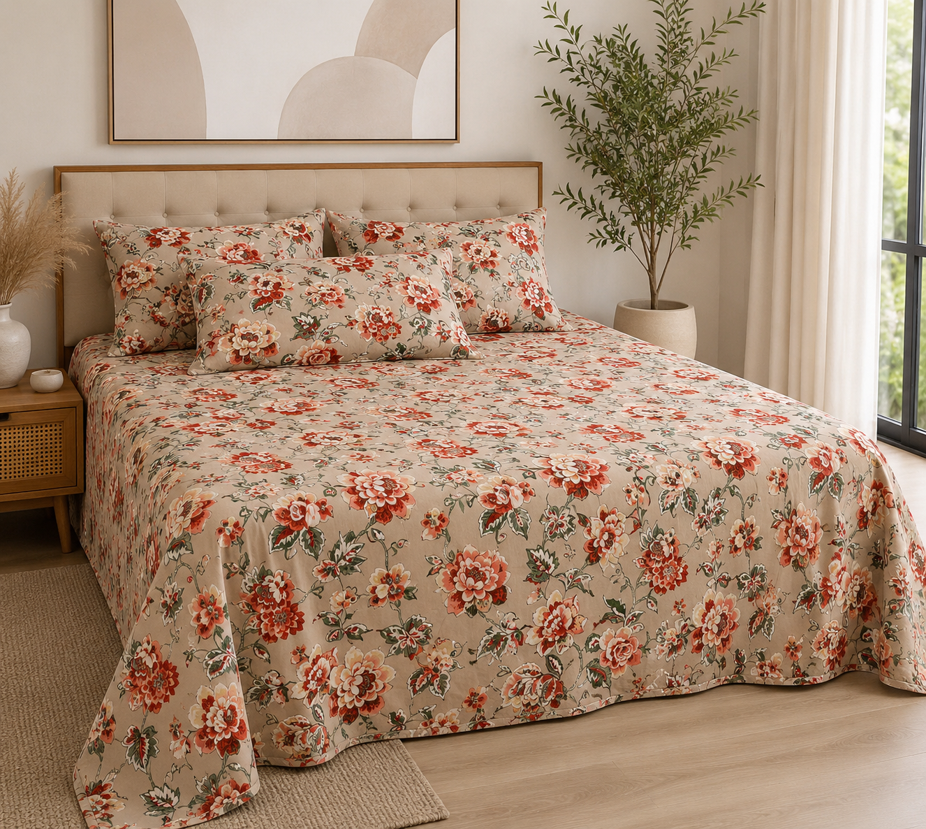 Rustic Coral Blossom Elegance – Super King XL Size Bedsheet (270 x 290 cm) | 100% Jaipuri Cotton | Includes 4 Pillow Covers