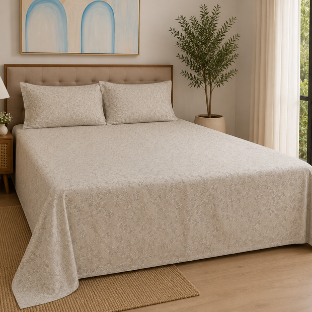Sandstone Wildflower Veil – Super King Size Bedsheet (270 x 270 cm) | 100% Tencel Cotton | 400 Thread Count | Includes 2 Pillow Covers
