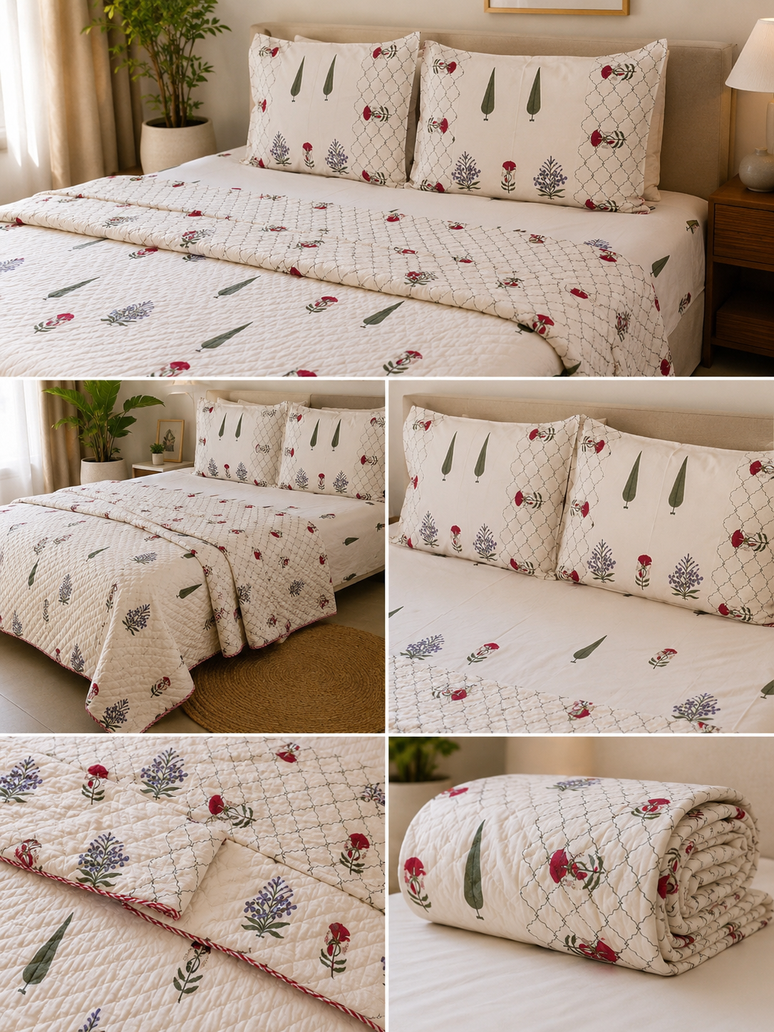 Set - Razai + Bedsheet - Ivory Garden Hand Block Bedding Set – Super King Bedsheet with King Reversible Hand Tagai Razai