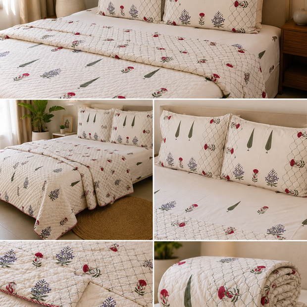 Set - Razai + Bedsheet - Ivory Garden Hand Block Bedding Set – Super King Bedsheet with King Reversible Hand Tagai Razai