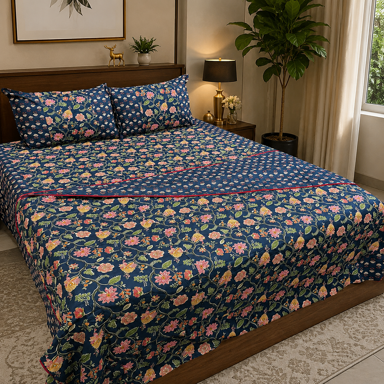 Set - Dohar + Bedsheet - Midnight Blossom Ajrakh Dohar - Bedsheet Set – 100% Jaipuri Cotton | Super King Bedsheet (270 x 270 cm)  + Standard King Dohar | 2 Pillow Covers