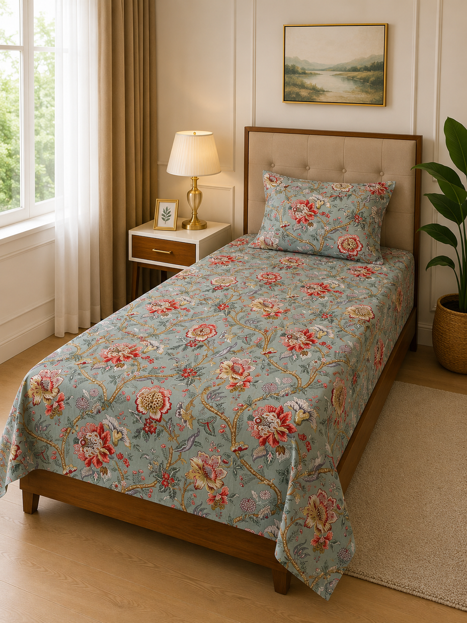 Olive Anokhi Meadow Charm – Single Size Flat Bedsheet (60 x 90 inch) | 100% Cotton | Includes 1 Pillow Cover