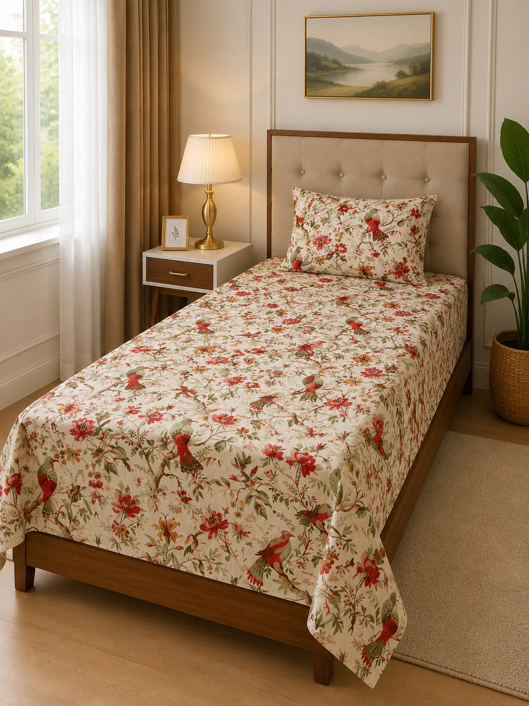 Royal Bird Garden – Single Size Flat Bedsheet (60 x 90 inch) | 100% Jaipuri Cotton | Includes 1 Pillow Cover