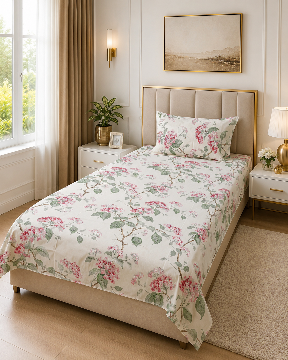 Royal Pink Blossom Vine Elegance – Single Size Flat Bedsheet (60 x 90 inch) | 100% Cotton | Includes 1 Pillow Cover