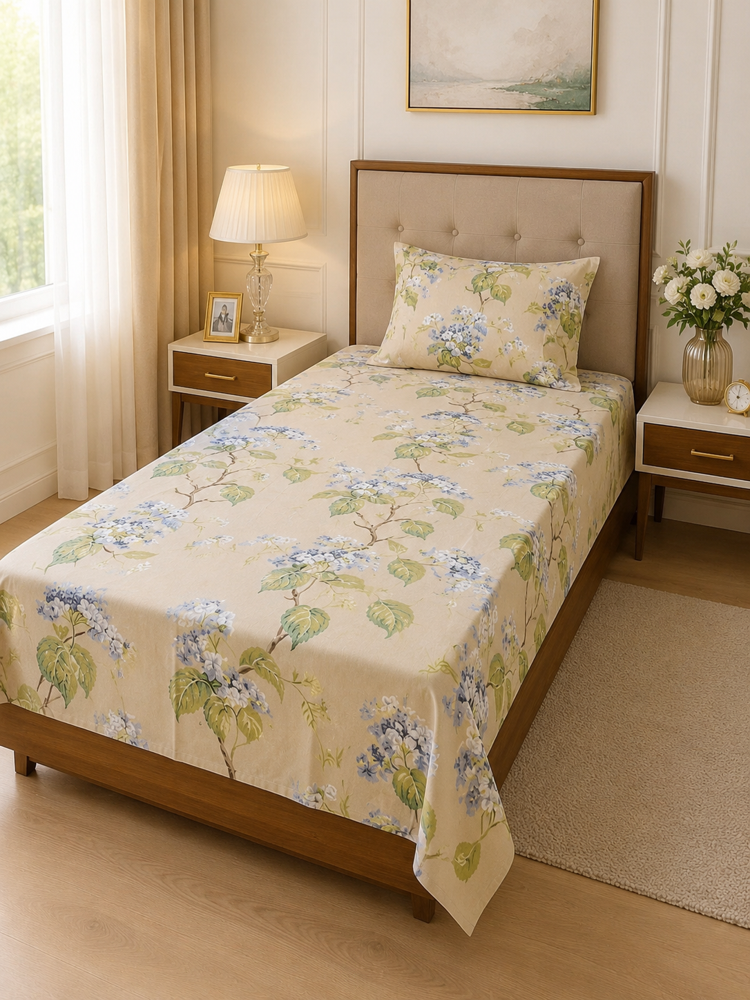 Royal Blue Blossom Vine Elegance – Single Size Flat Bedsheet (60 x 90 inch) | 100% Cotton | Includes 1 Pillow Cover