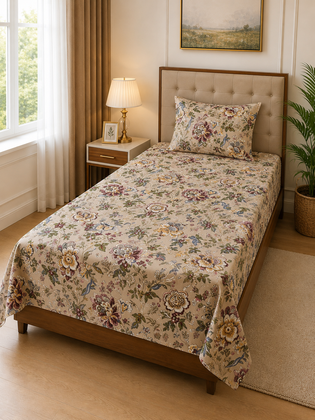 Royal Garden Heirloom – Single Size Flat Bedsheet (60 x 90 inch) | 100% Cotton | Includes 1 Pillow Cover
