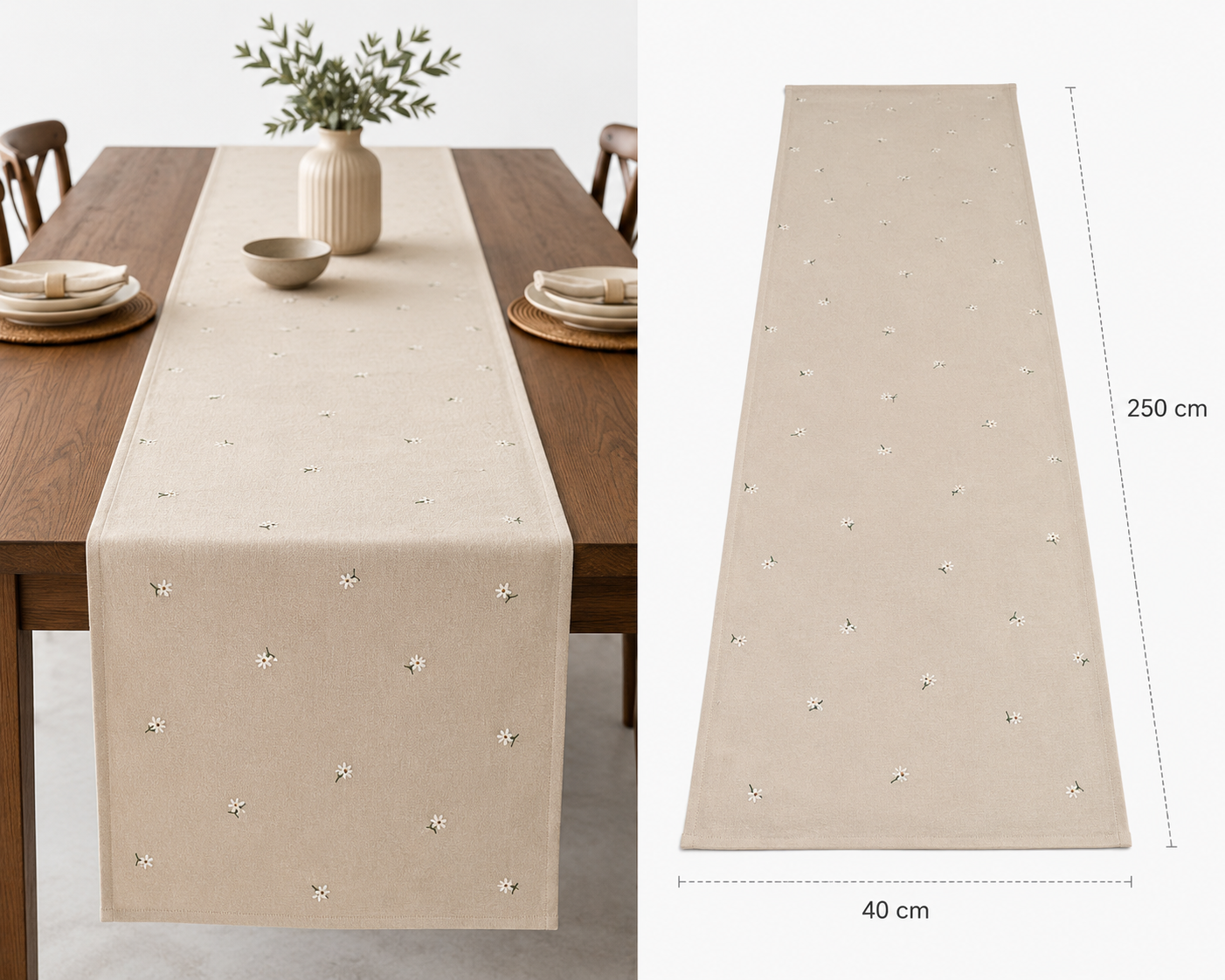 Beige Floral Cotton Table Runner – 40x250 cm – Delicate Minimalist Elegance