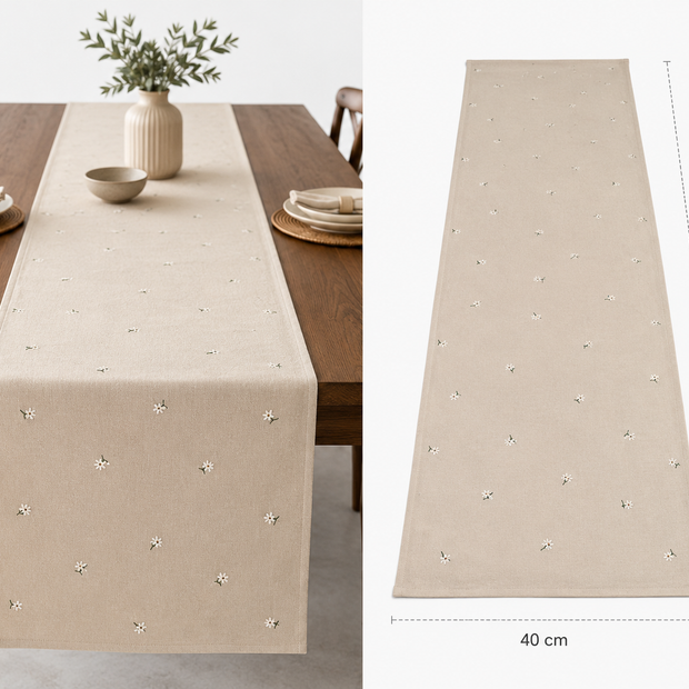 Beige Floral Cotton Table Runner – 40x250 cm – Delicate Minimalist Elegance