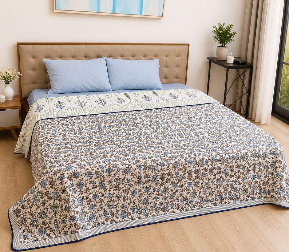 Blue Blossom Garden – Reversible Standard King Size Dohar | 100% Muslin Cotton | All Season, Perfect for AC