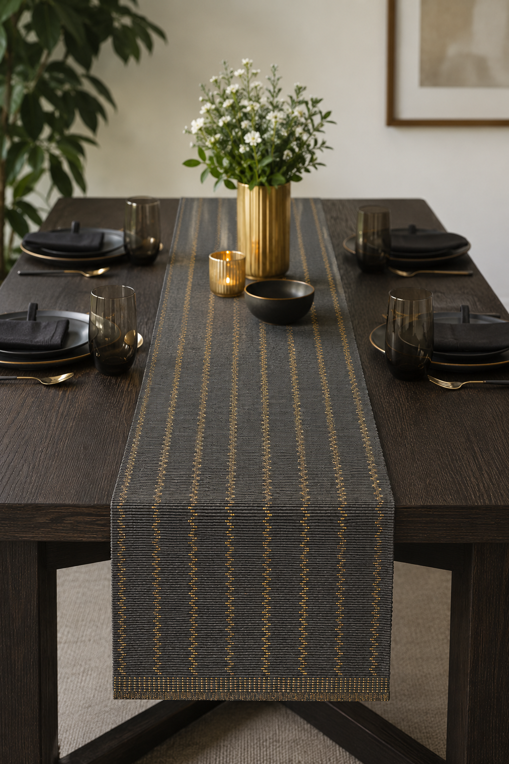 Midnight Gold Ribbed Table Runner – 33x240 cm – Contemporary Metallic Elegance