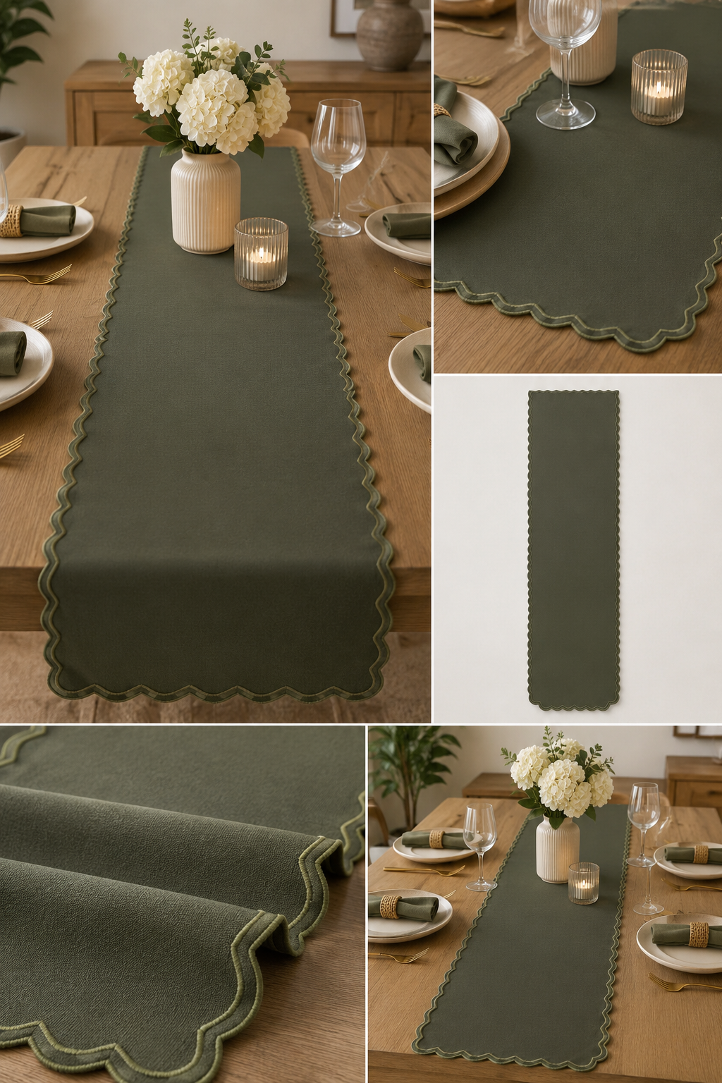 Olive Scallop Table Runner – 33x260 cm – Timeless Botanical Elegance