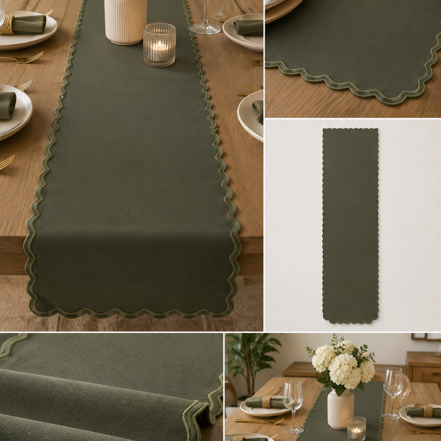Olive Scallop Table Runner – 33x240 cm – Timeless Botanical Elegance