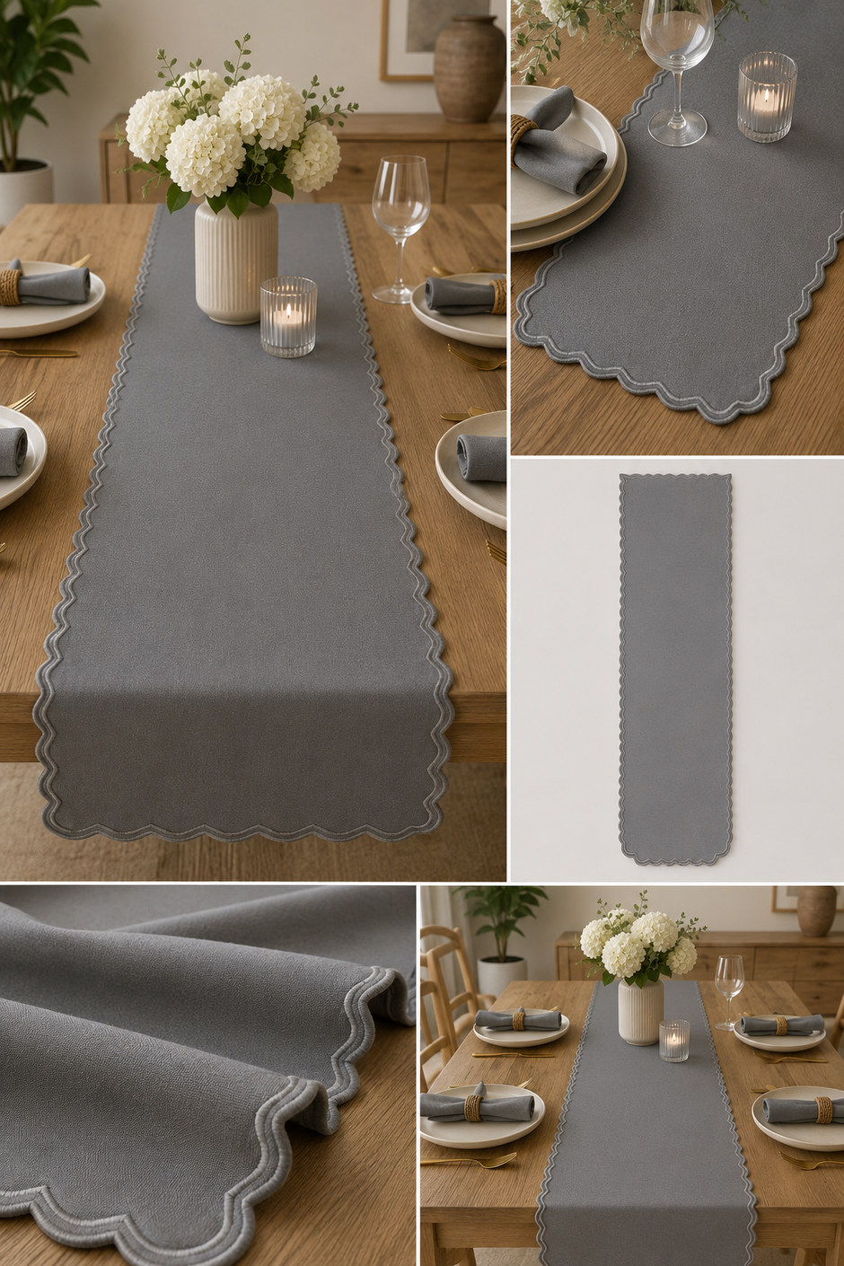 Mist Grey Scallop Table Runner – 33x260 cm – Contemporary Minimalist Elegance