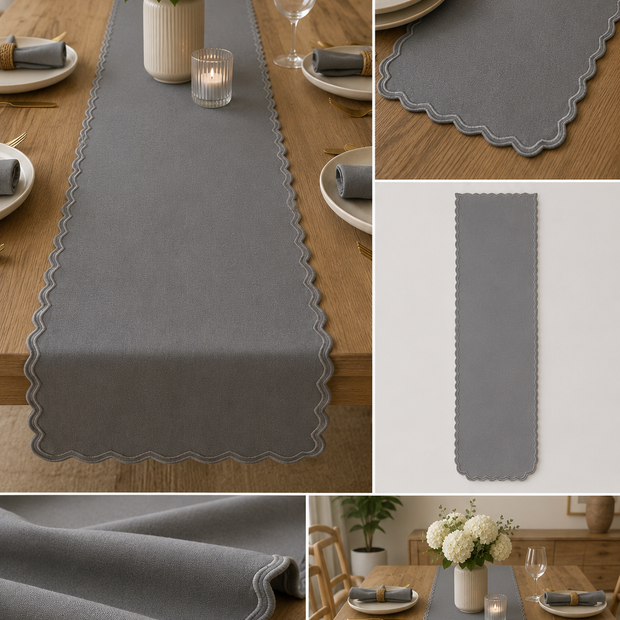 Mist Grey Scallop Table Runner – 33x240 cm – Contemporary Minimalist Elegance