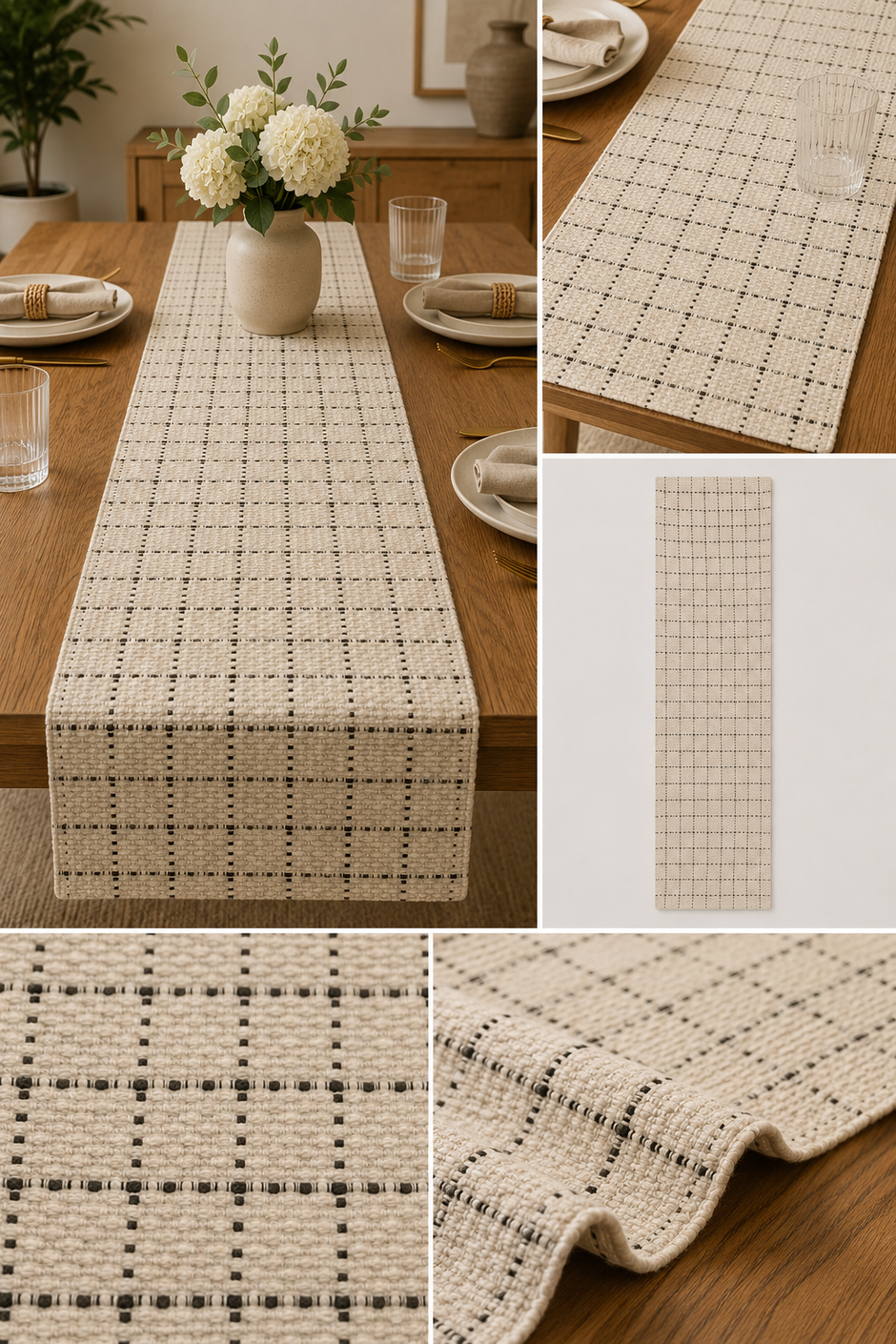 Ivory Grid Textured Table Runner – 33x240 cm – Modern Woven Elegance