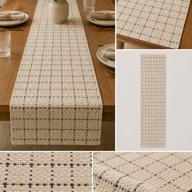 Ivory Grid Textured Table Runner – 33x240 cm – Modern Woven Elegance