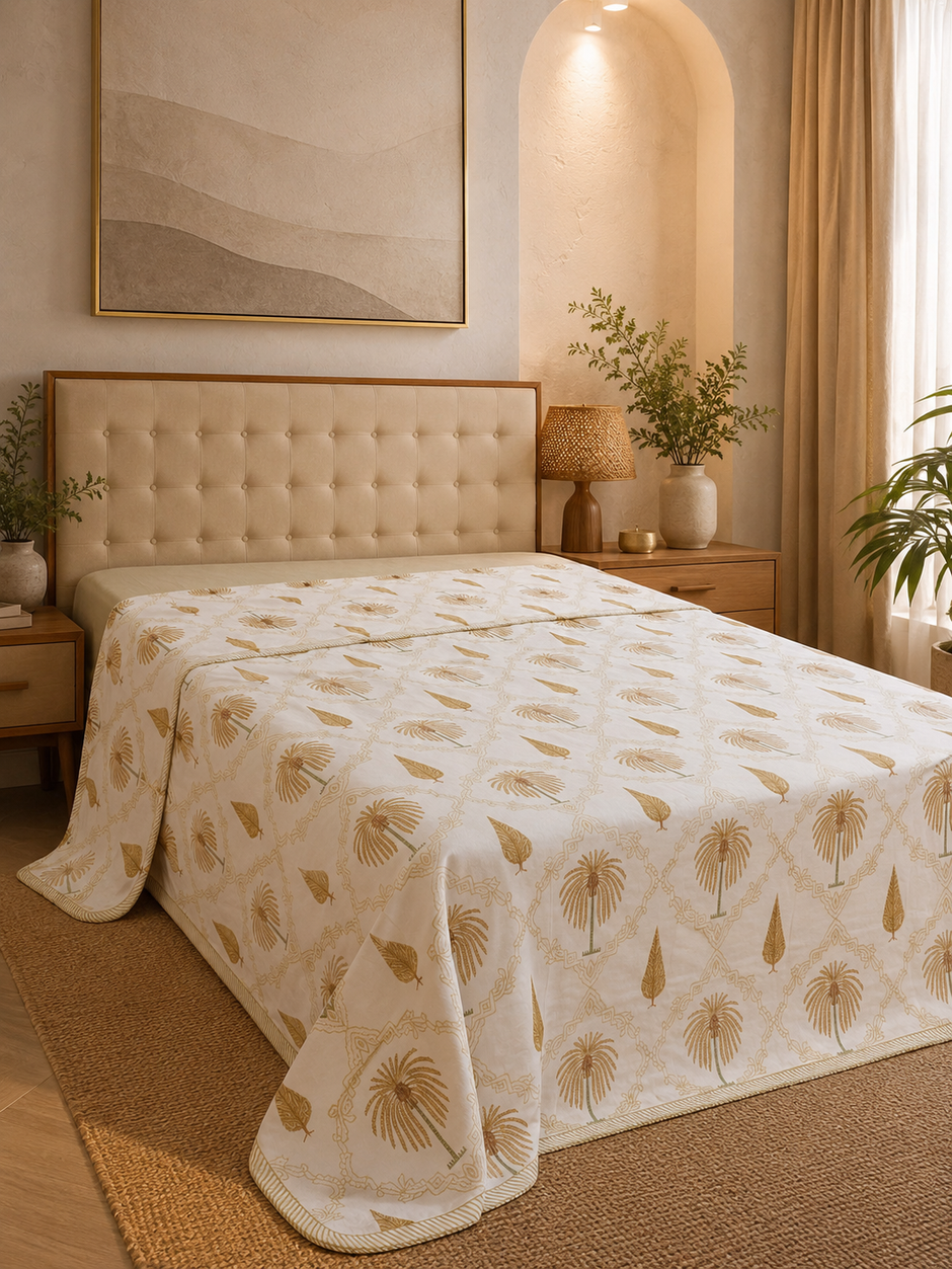 Golden Palm Muslin Dohar – Standard King Size – Elegant Botanical Comfort